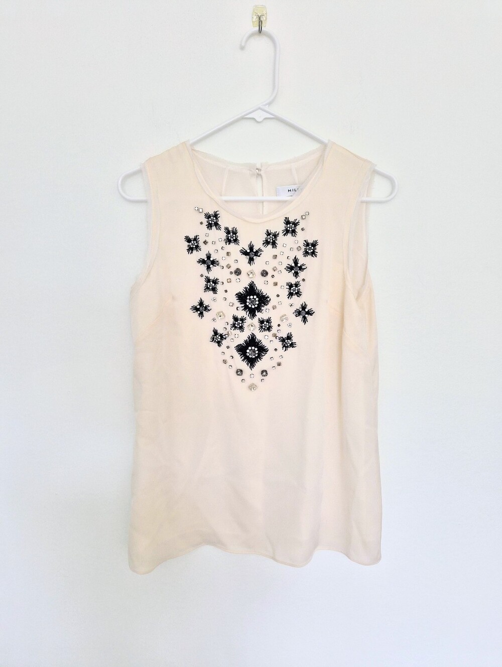 Milly Sleeveless Silk Blouse with Crystal & Black Embroidered Embellishment